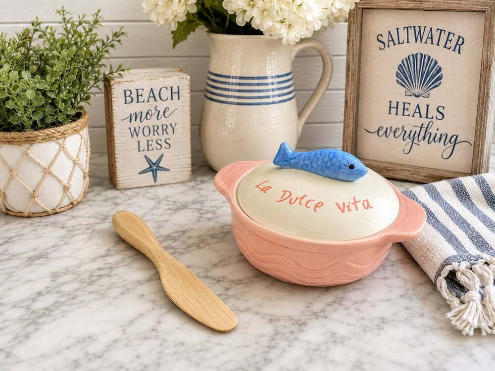 New La Dolce Vita Fish Casserole Coastal Mini Baker W/ Spreader Party Kitchen